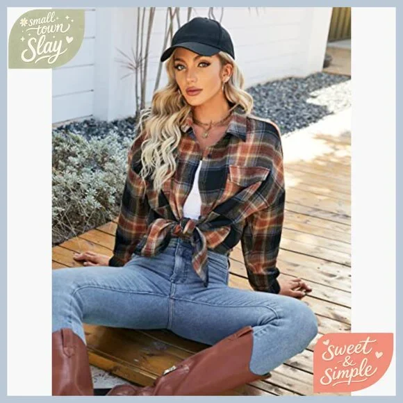 Oversized Flannel Shacket Button Down Shirt Long Sleeve Loose Fit Work Casual - Picture 5 of 6